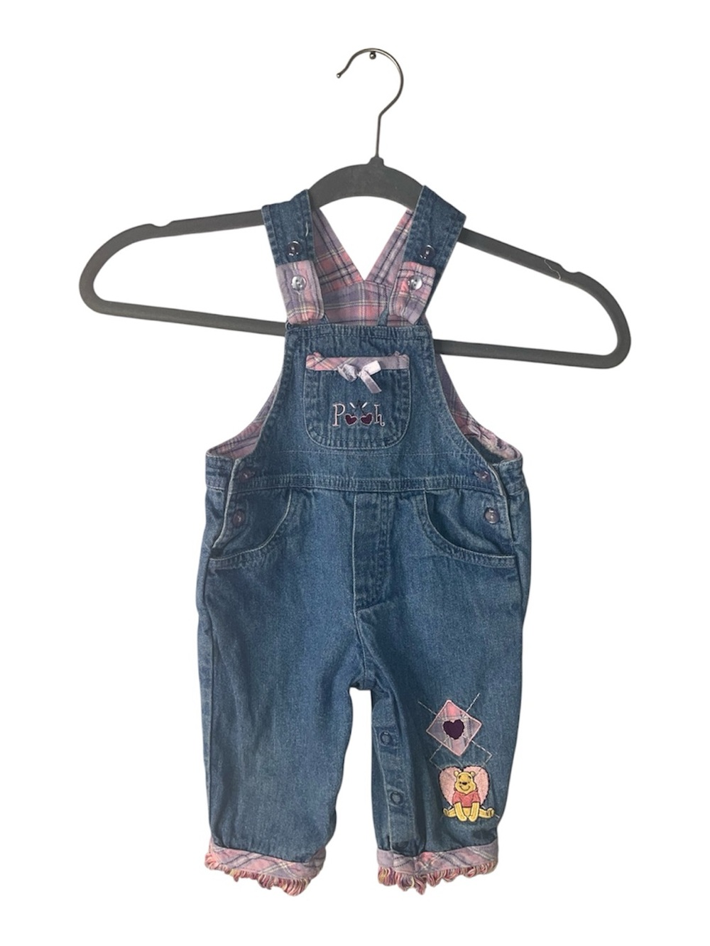 Vintage Denim Girls Overalls with Pink Plaid Trim Winnie the Pooh size 12 months